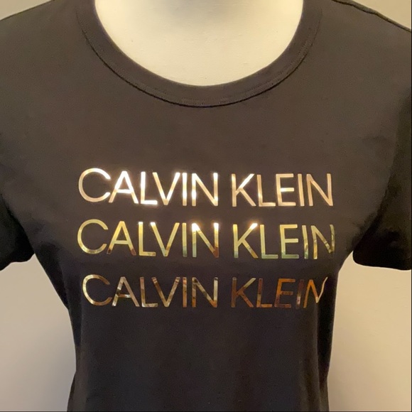 Calvin Klein Dresses & Skirts - CALVIN KLEIN BLACK T-SHIRT DRESS w/GOLD BLING LOGO